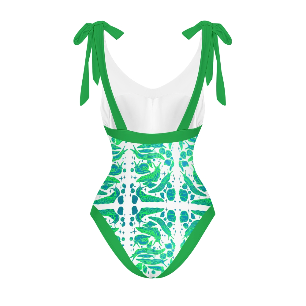 Tropical Two-Piece Swimwear Set with Deep V Neckline and Abstract Botanical Motif