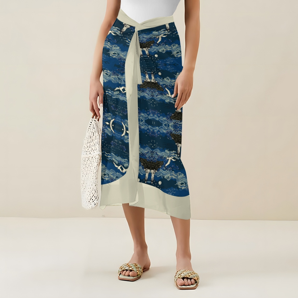 Women’s Nautical Swimsuit & Wrap Skirt Set with Lighthouse and Seagull Print