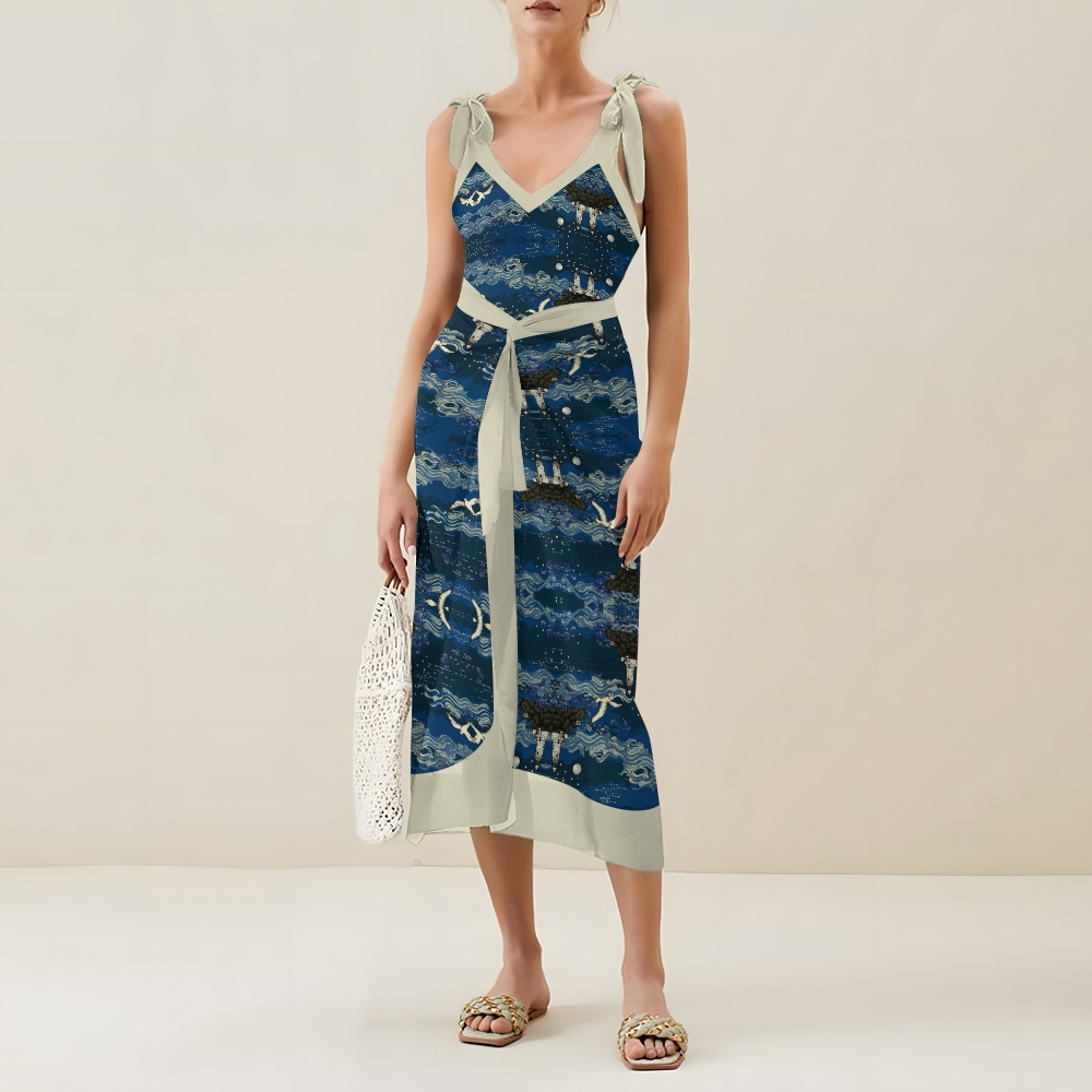 Women’s Nautical Swimsuit & Wrap Skirt Set with Lighthouse and Seagull Print