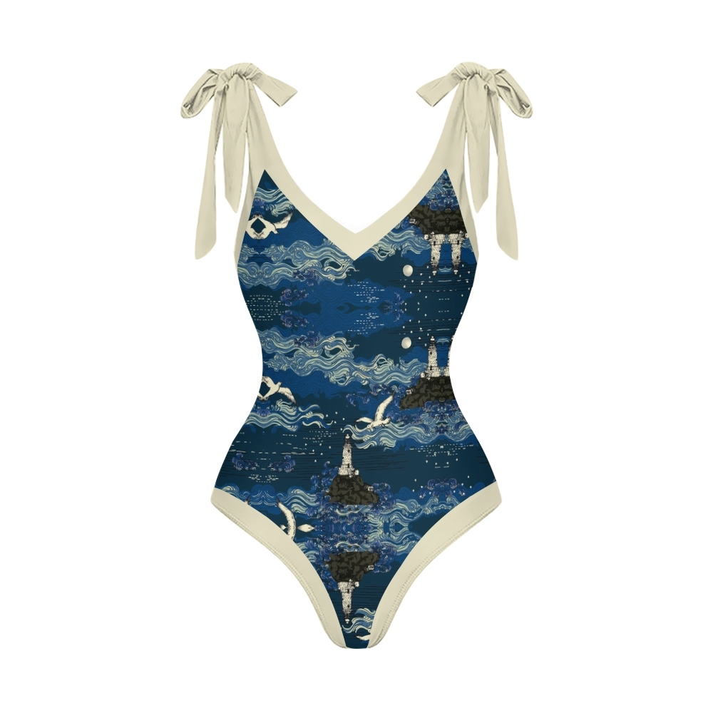Women’s Nautical Swimsuit & Wrap Skirt Set with Lighthouse and Seagull Print