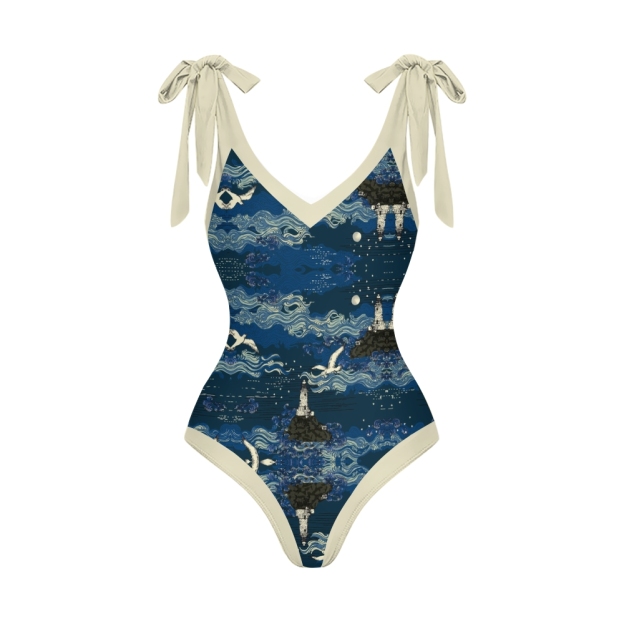 Women’s Nautical Swimsuit & Wrap Skirt Set with Lighthouse and Seagull Print