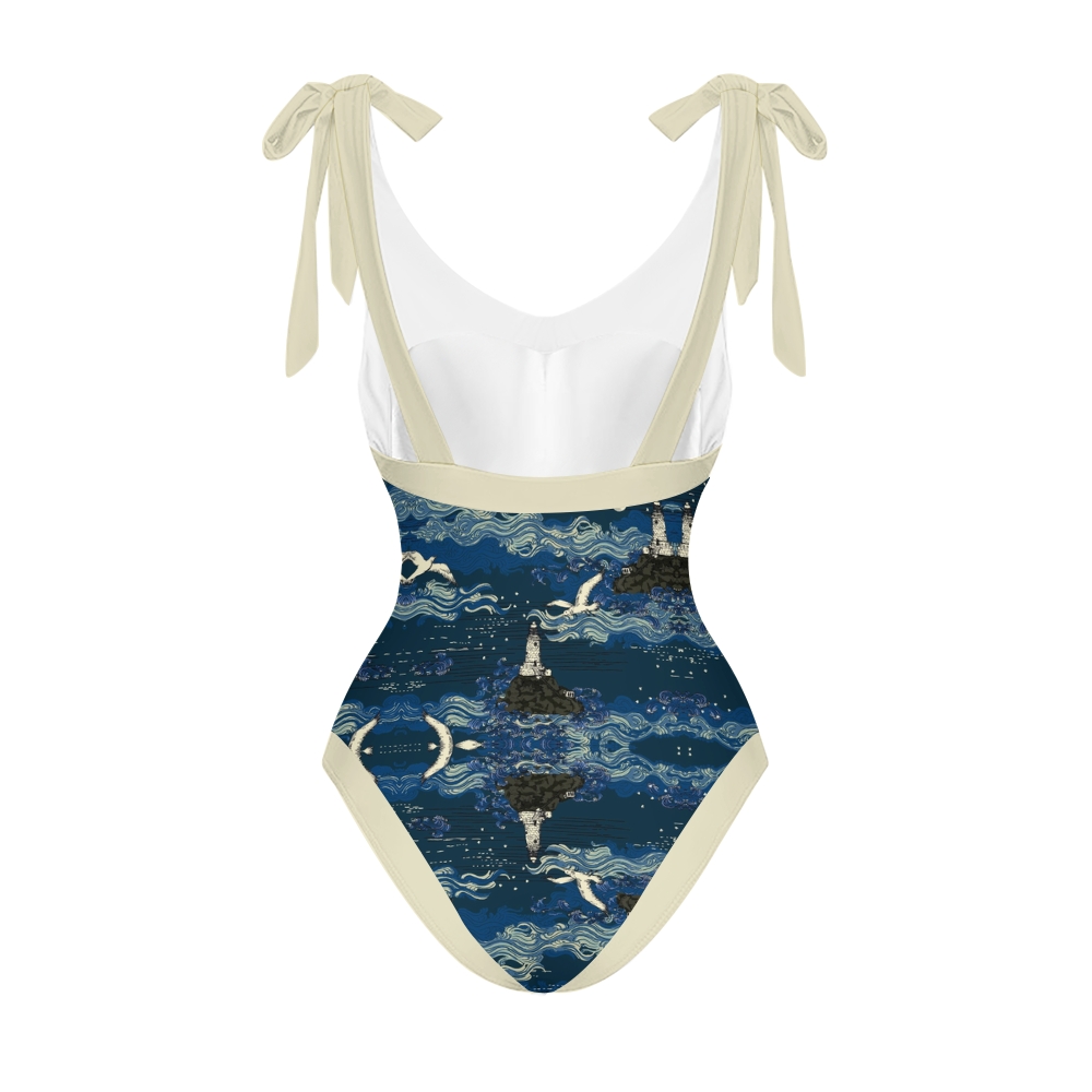 Women’s Nautical Swimsuit & Wrap Skirt Set with Lighthouse and Seagull Print