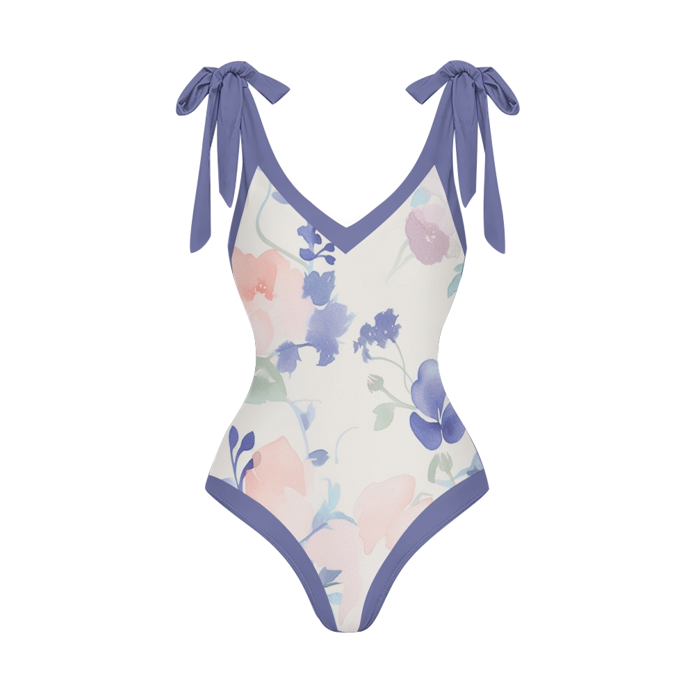 Tropical Resort Swimwear Combo with Coordinated Floral Motif and Navy Waistband