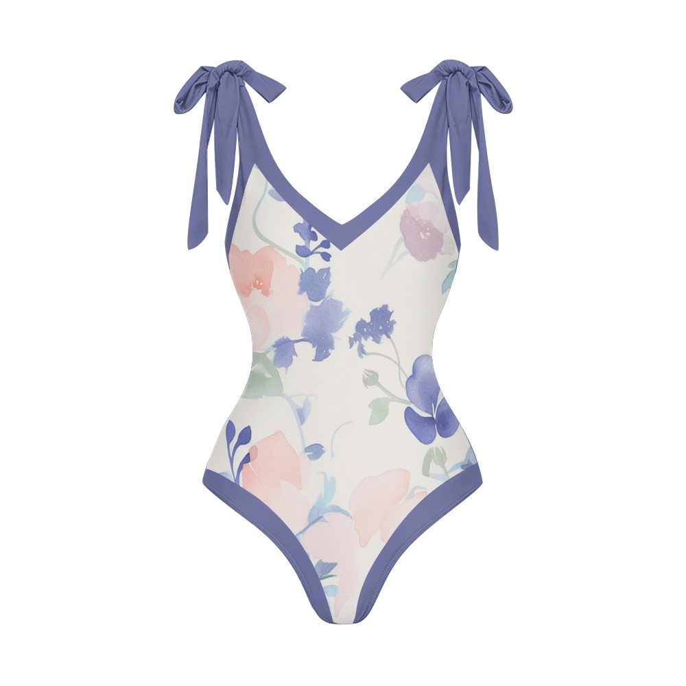 Tropical Resort Swimwear Combo with Coordinated Floral Motif and Navy Waistband