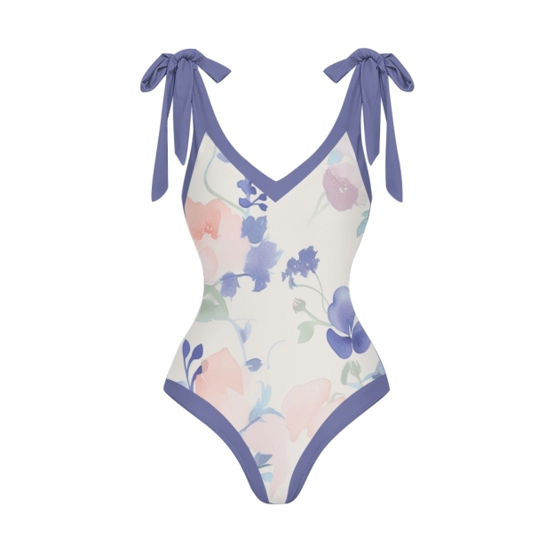 Tropical Resort Swimwear Combo with Coordinated Floral Motif and Navy Waistband