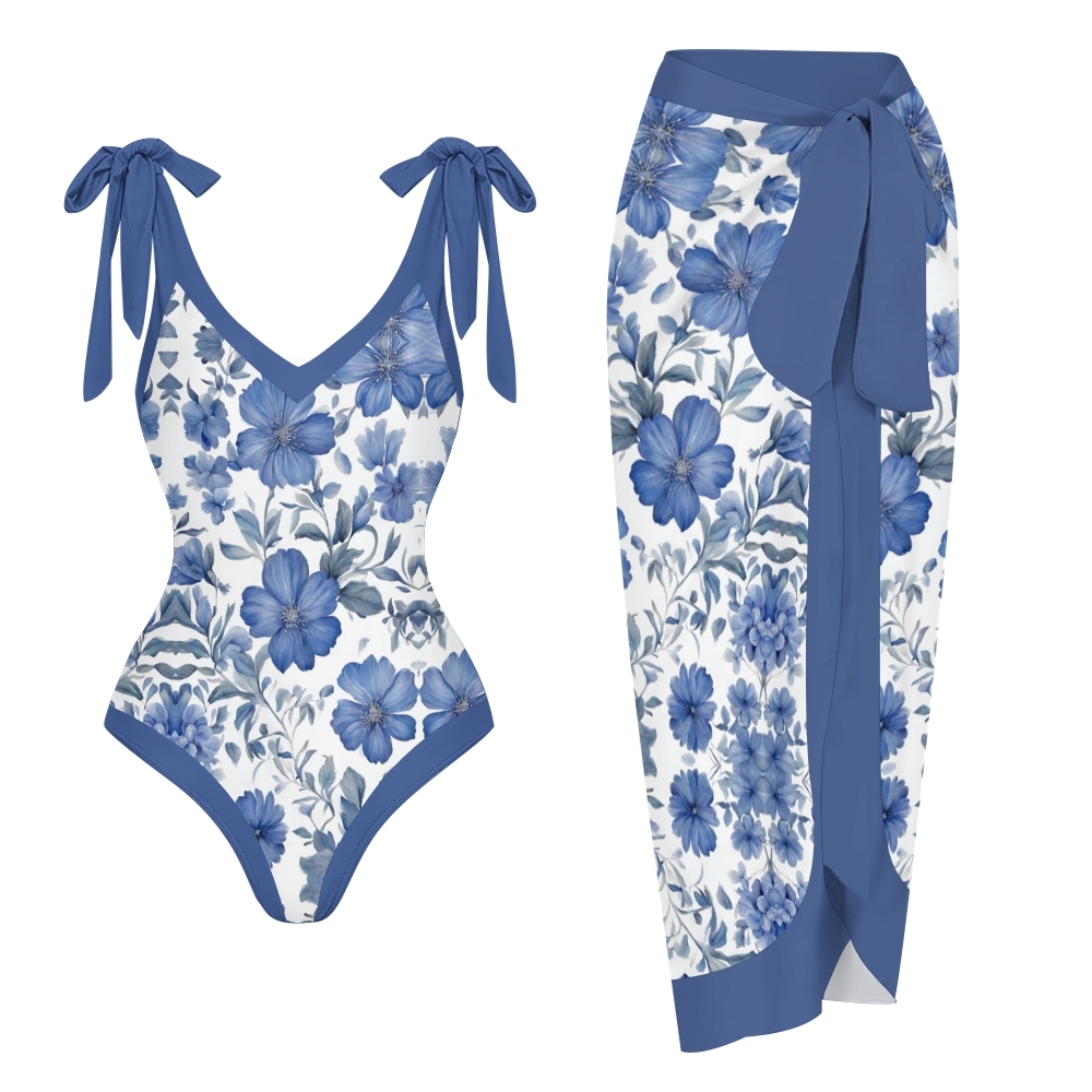 Women’s Blue Floral Swimsuit & Wrap Skirt Set with Deep V Neck and Bow Straps
