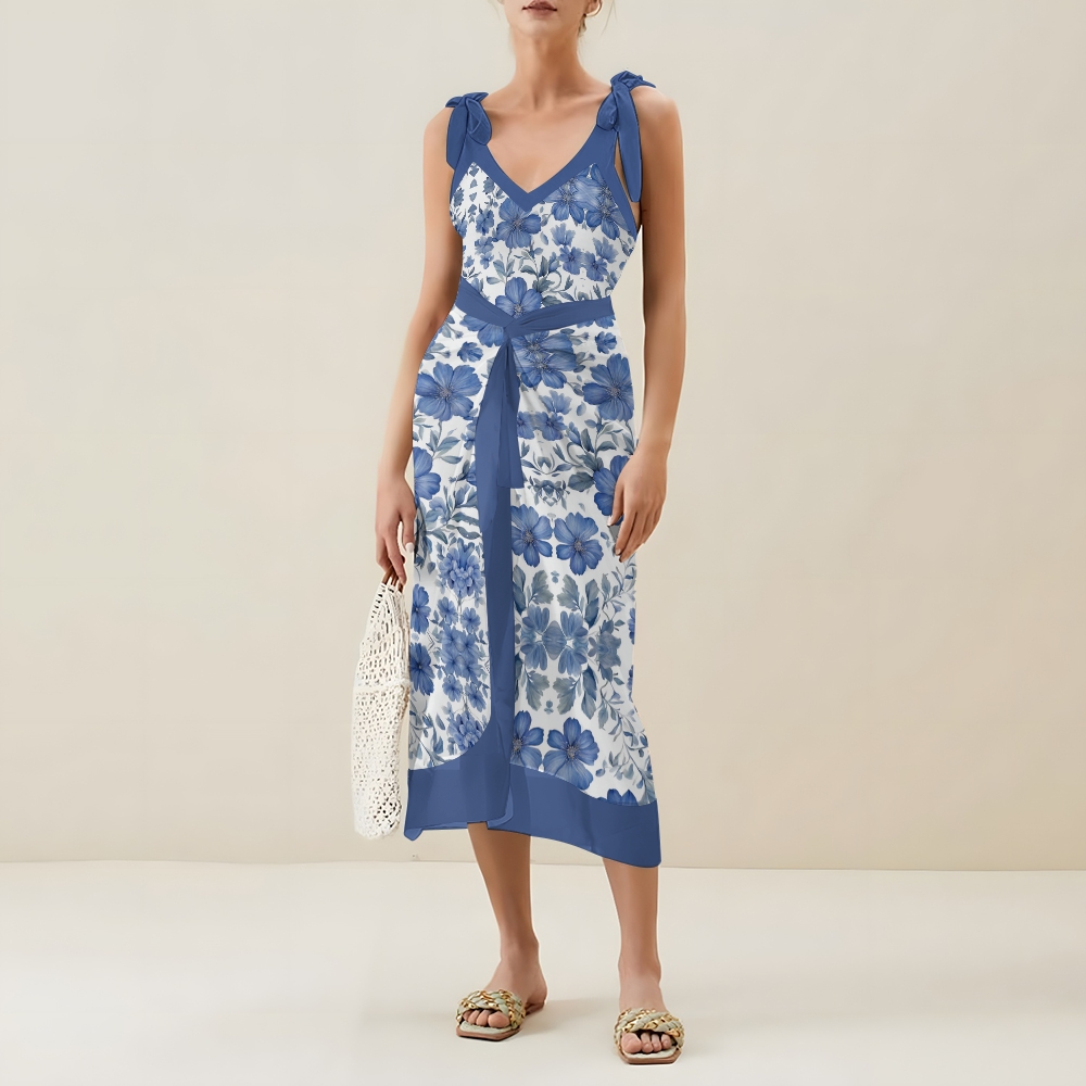 Women’s Blue Floral Swimsuit & Wrap Skirt Set with Deep V Neck and Bow Straps