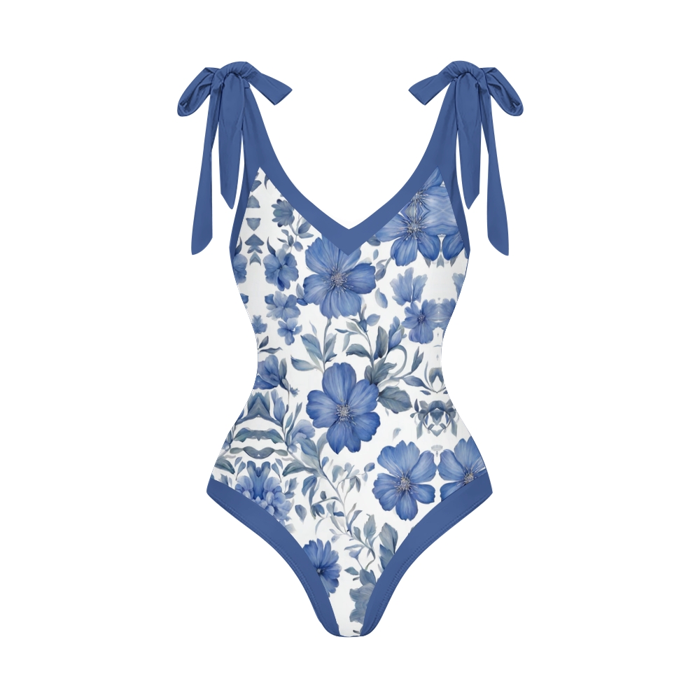 Women’s Blue Floral Swimsuit & Wrap Skirt Set with Deep V Neck and Bow Straps