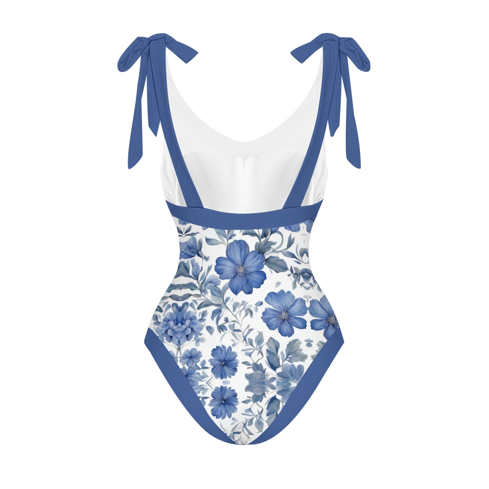 Women’s Blue Floral Swimsuit & Wrap Skirt Set with Deep V Neck and Bow Straps