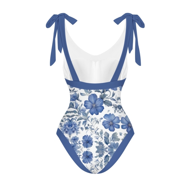 Women’s Blue Floral Swimsuit & Wrap Skirt Set with Deep V Neck and Bow Straps