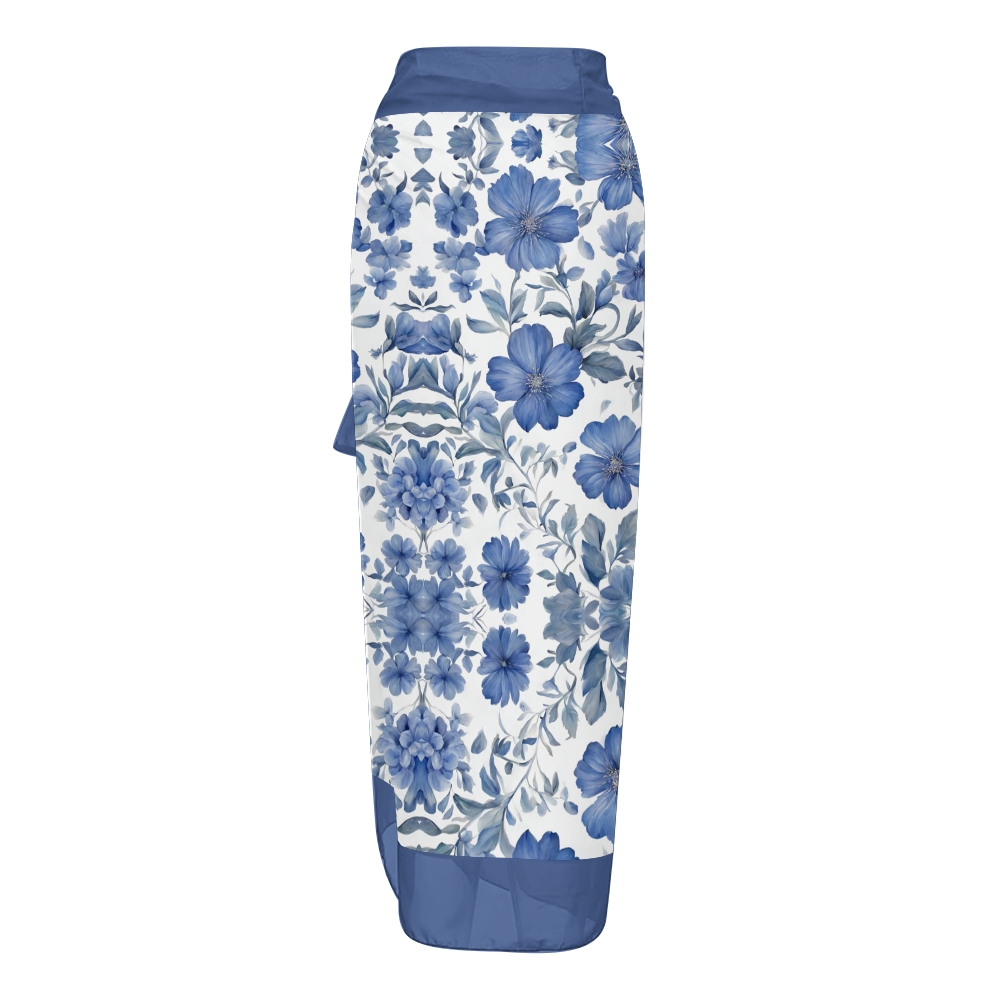 Women’s Blue Floral Swimsuit & Wrap Skirt Set with Deep V Neck and Bow Straps