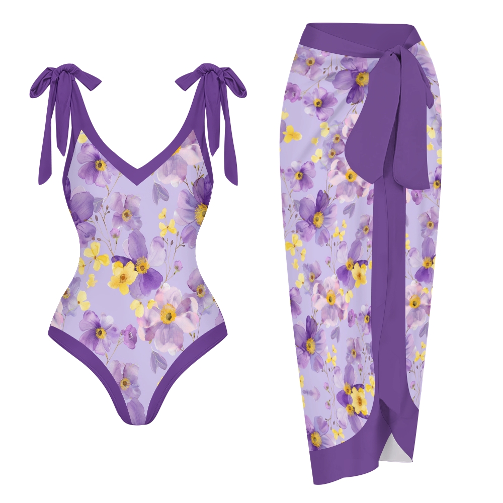 Women’s Purple Floral Swimsuit & Wrap Skirt Set with Bow Straps and V-Neckline
