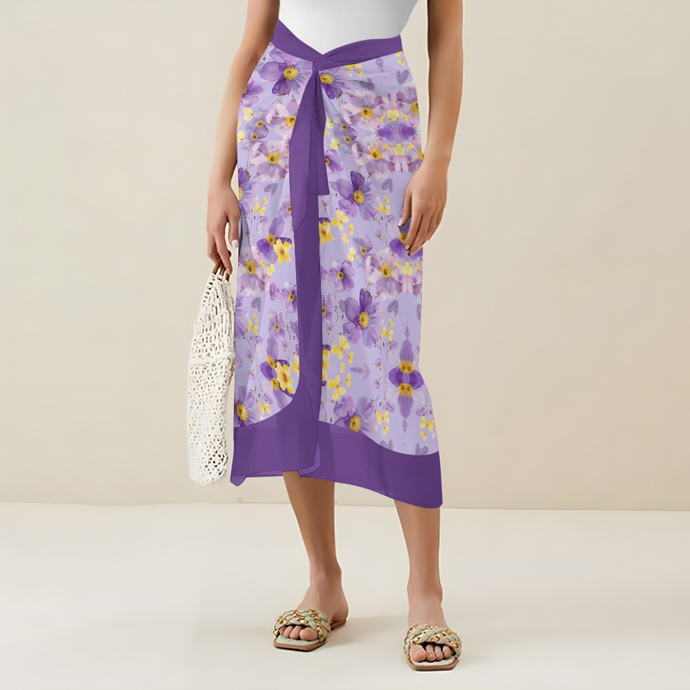 Women’s Purple Floral Swimsuit & Wrap Skirt Set with Bow Straps and V-Neckline