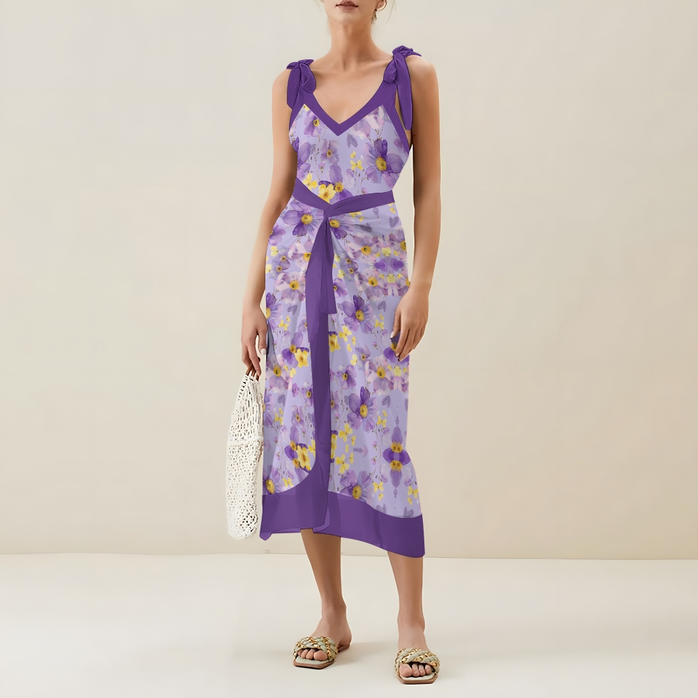 Women’s Purple Floral Swimsuit & Wrap Skirt Set with Bow Straps and V-Neckline