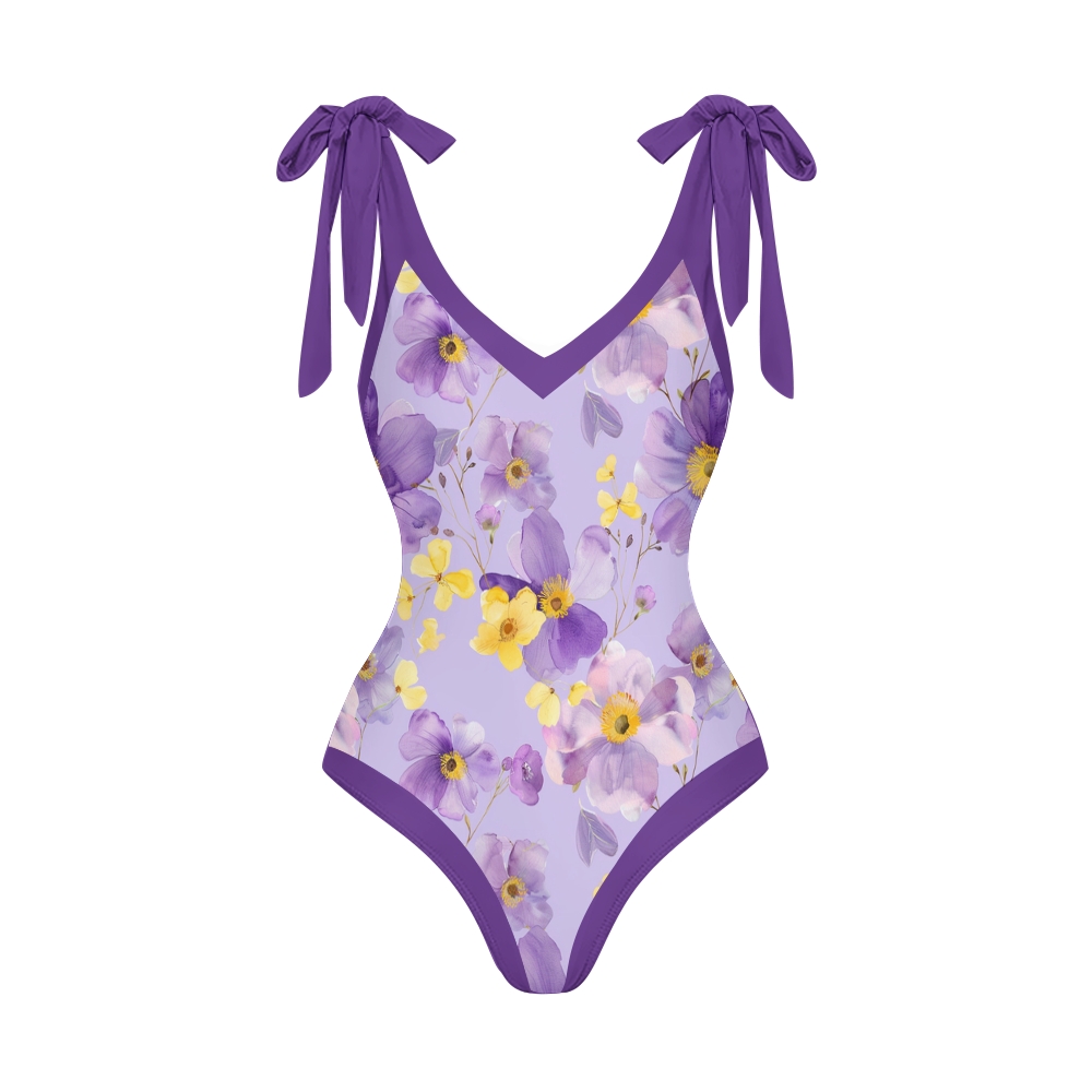 Women’s Purple Floral Swimsuit & Wrap Skirt Set with Bow Straps and V-Neckline