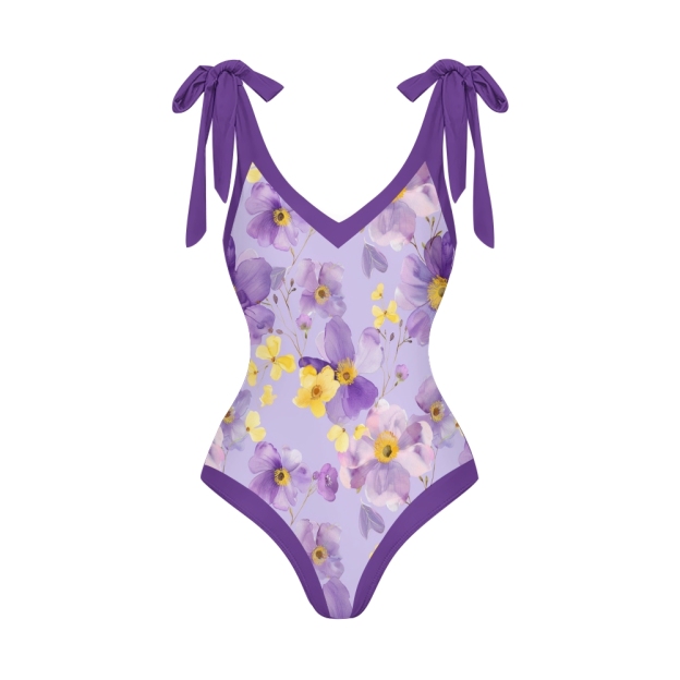 Women’s Purple Floral Swimsuit & Wrap Skirt Set with Bow Straps and V-Neckline