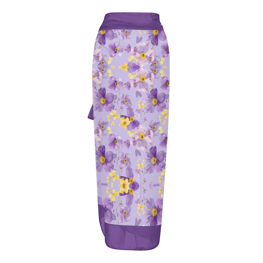 Women’s Purple Floral Swimsuit & Wrap Skirt Set with Bow Straps and V-Neckline