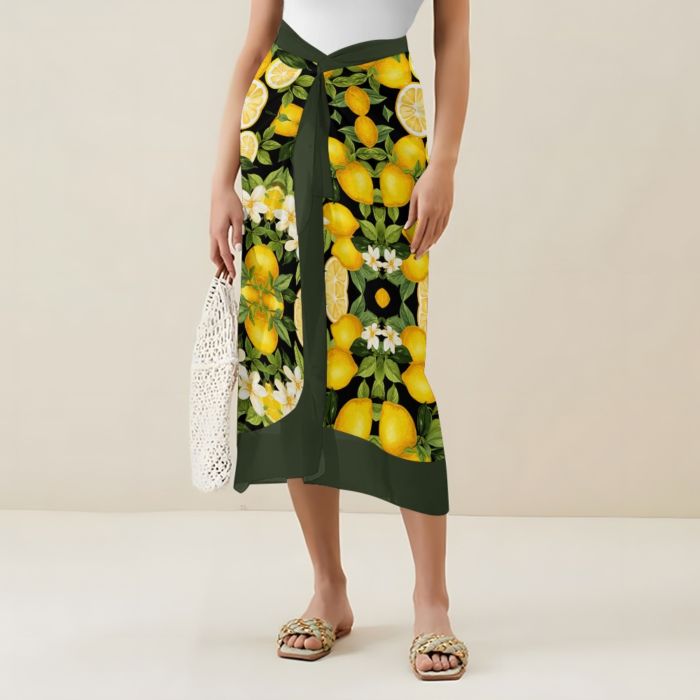 Tropical Fruit-Themed Swimwear Set with Yellow Lemons and Green Leaf Motif