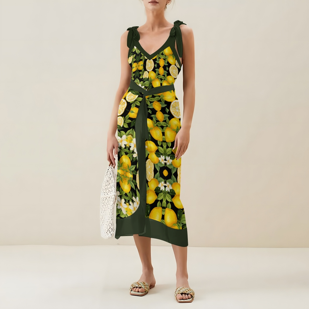 Tropical Fruit-Themed Swimwear Set with Yellow Lemons and Green Leaf Motif