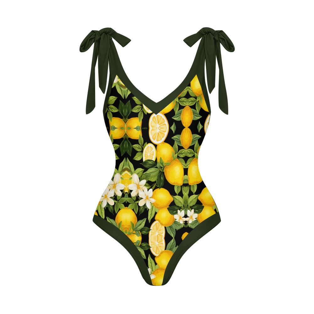 Tropical Fruit-Themed Swimwear Set with Yellow Lemons and Green Leaf Motif
