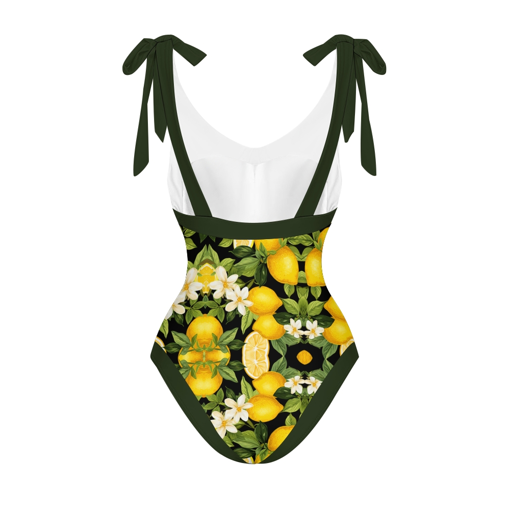 Tropical Fruit-Themed Swimwear Set with Yellow Lemons and Green Leaf Motif