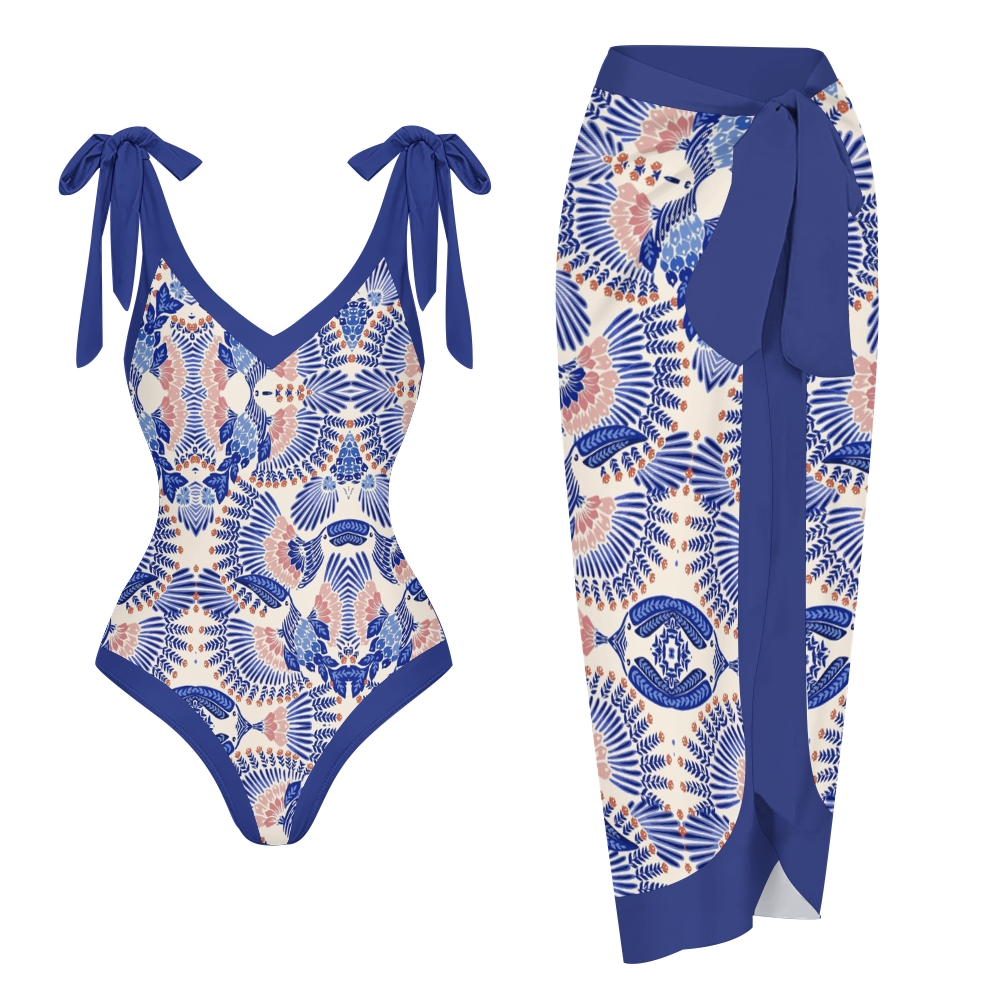Women’s Blue Floral Swimsuit & Wrap Skirt Set with Keyhole Cutout and Bow Straps
