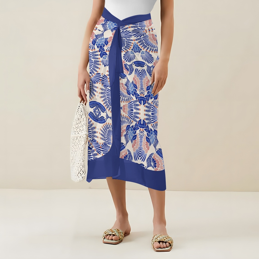 Women’s Blue Floral Swimsuit & Wrap Skirt Set with Keyhole Cutout and Bow Straps