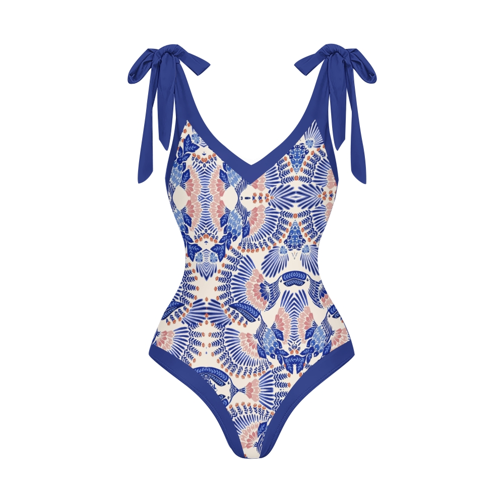 Women’s Blue Floral Swimsuit & Wrap Skirt Set with Keyhole Cutout and Bow Straps