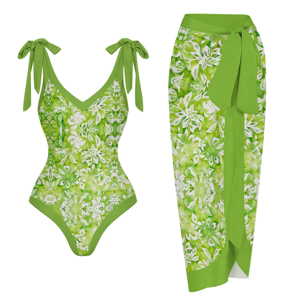 Women’s Green Floral Swimsuit & Wrap Skirt Set with Bow Straps and V-Neckline