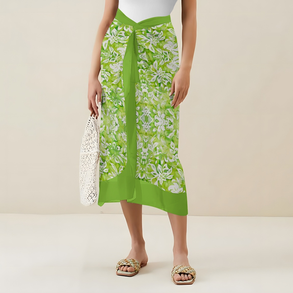 Women’s Green Floral Swimsuit & Wrap Skirt Set with Bow Straps and V-Neckline