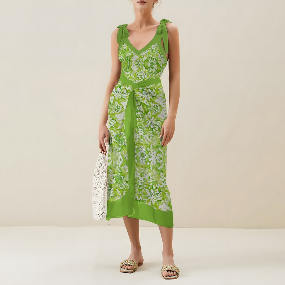 Women’s Green Floral Swimsuit & Wrap Skirt Set with Bow Straps and V-Neckline