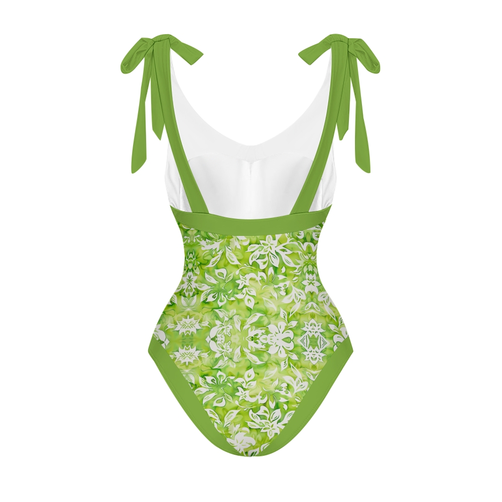 Women’s Green Floral Swimsuit & Wrap Skirt Set with Bow Straps and V-Neckline