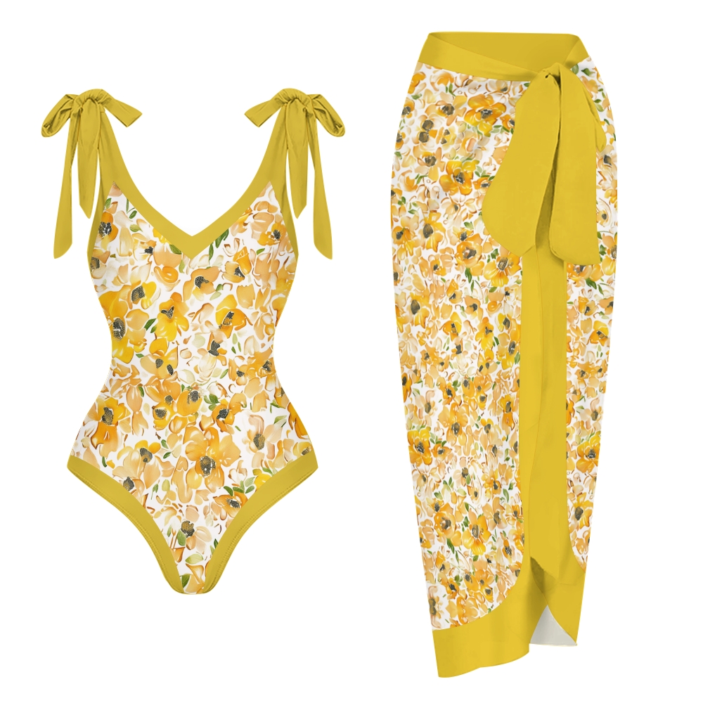 Women’s Floral Swimsuit & Wrap Skirt Set with Mustard Trim and Bow Straps