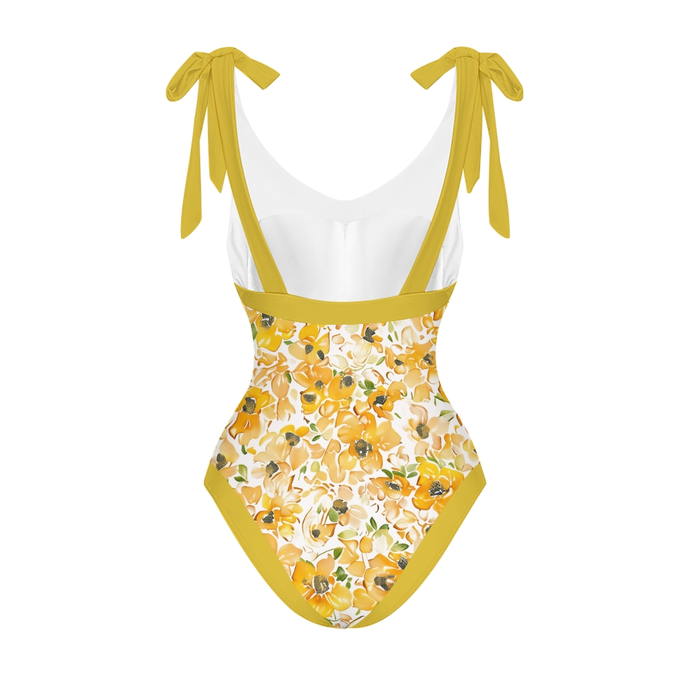 Women’s Floral Swimsuit & Wrap Skirt Set with Mustard Trim and Bow Straps