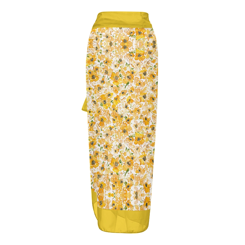 Women’s Floral Swimsuit & Wrap Skirt Set with Mustard Trim and Bow Straps
