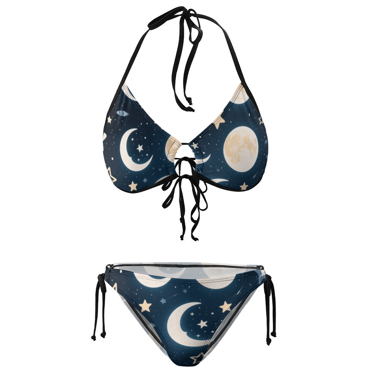 Women’s Celestial Bikini Set with Moon Phase Print and Halter Tie Top