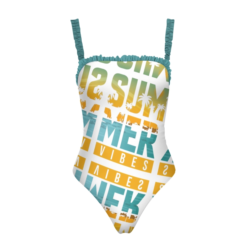 Women’s Summer Vibes One Piece Swimsuit with Palm Tree Print and Ruffled Straps