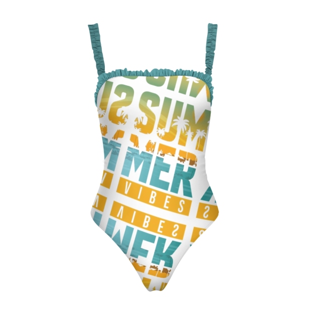 Women’s Summer Vibes One Piece Swimsuit with Palm Tree Print and Ruffled Straps