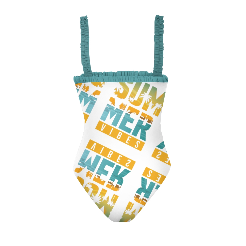 Women’s Summer Vibes One Piece Swimsuit with Palm Tree Print and Ruffled Straps