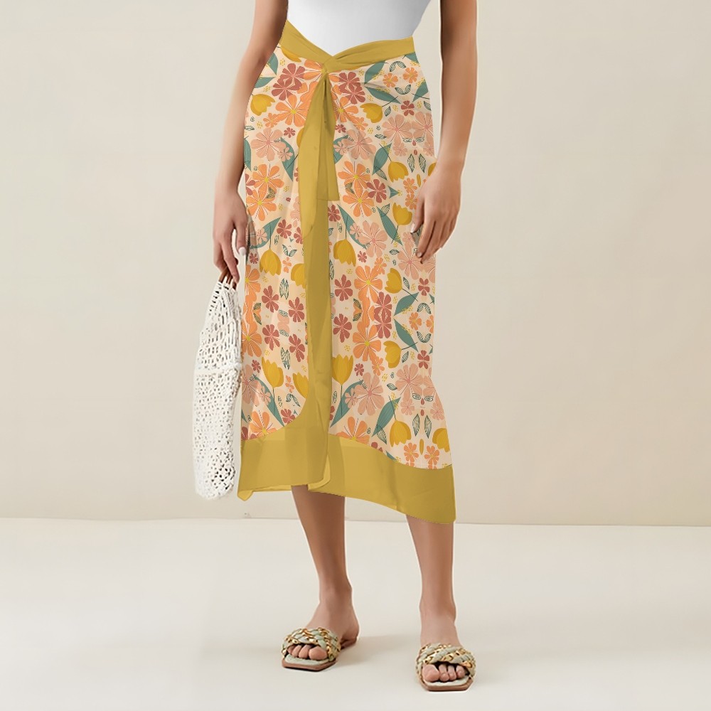 Women’s Floral Swimsuit & Wrap Skirt Set with Yellow Waistband and Bow Straps