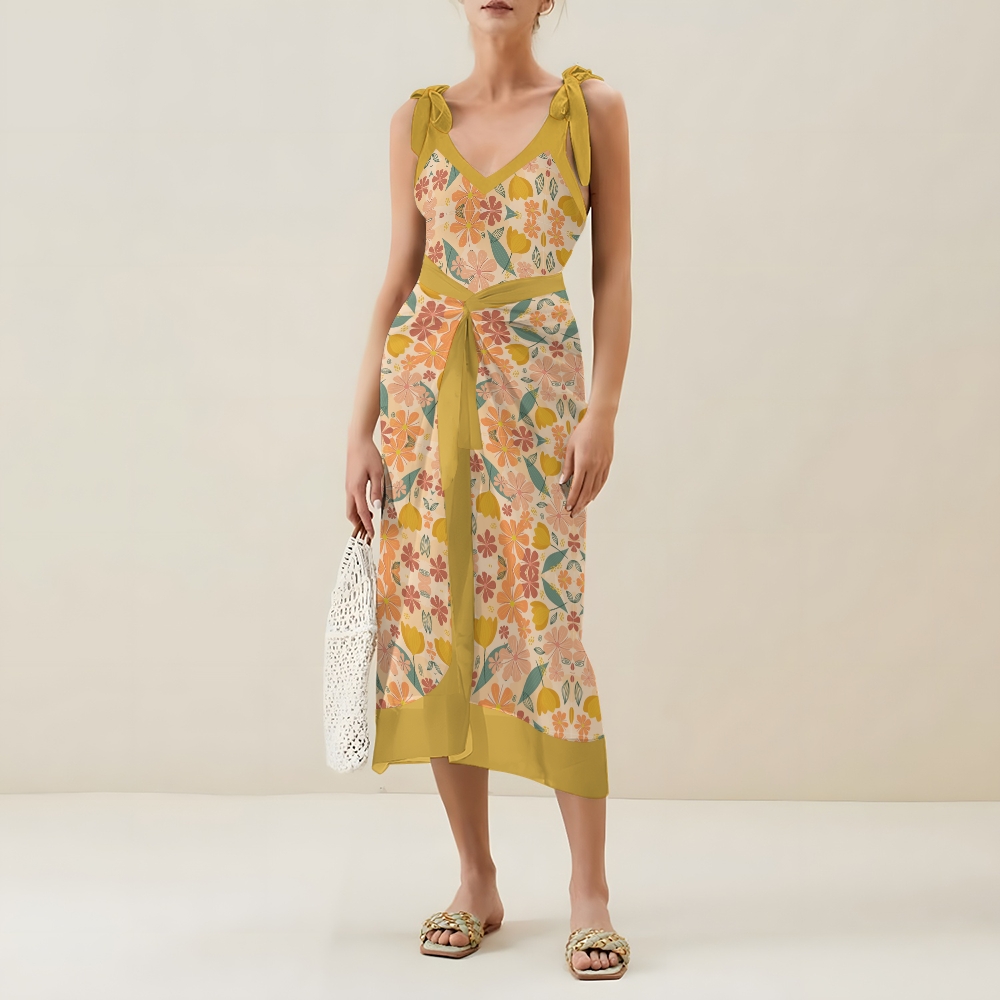 Women’s Floral Swimsuit & Wrap Skirt Set with Yellow Waistband and Bow Straps