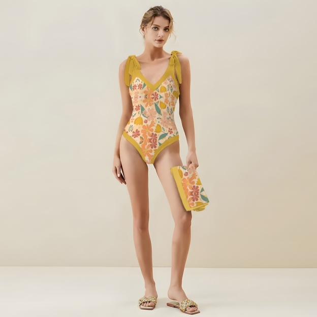 Women’s Floral Swimsuit & Wrap Skirt Set with Yellow Waistband and Bow Straps
