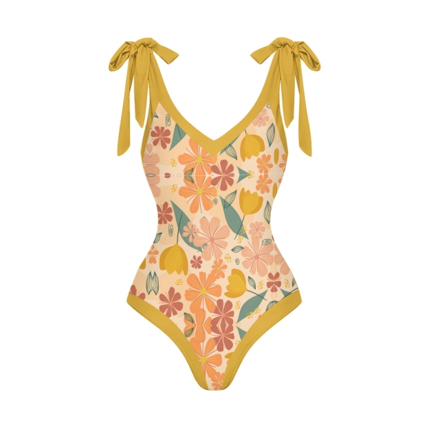 Women’s Floral Swimsuit & Wrap Skirt Set with Yellow Waistband and Bow Straps