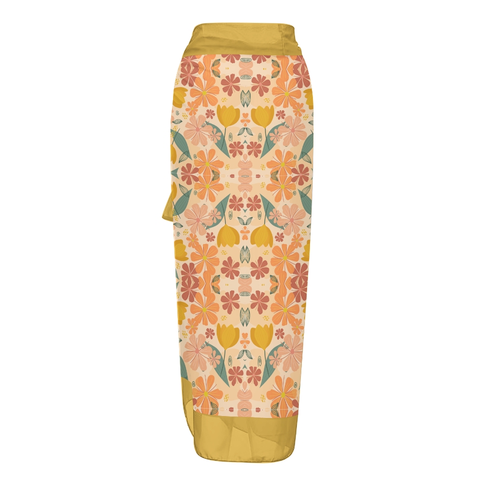 Women’s Floral Swimsuit & Wrap Skirt Set with Yellow Waistband and Bow Straps