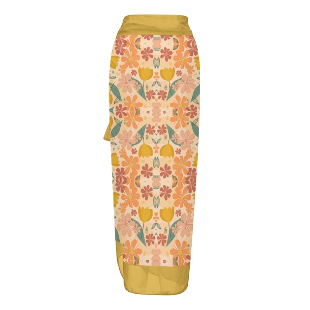 Women’s Floral Swimsuit & Wrap Skirt Set with Yellow Waistband and Bow Straps