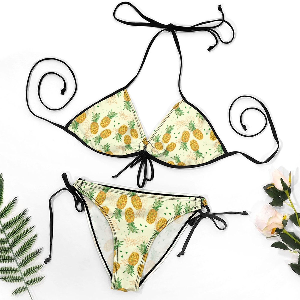 Women’s Pineapple Print Bikini Set with Halter Ring Top and Side Tie Bottoms