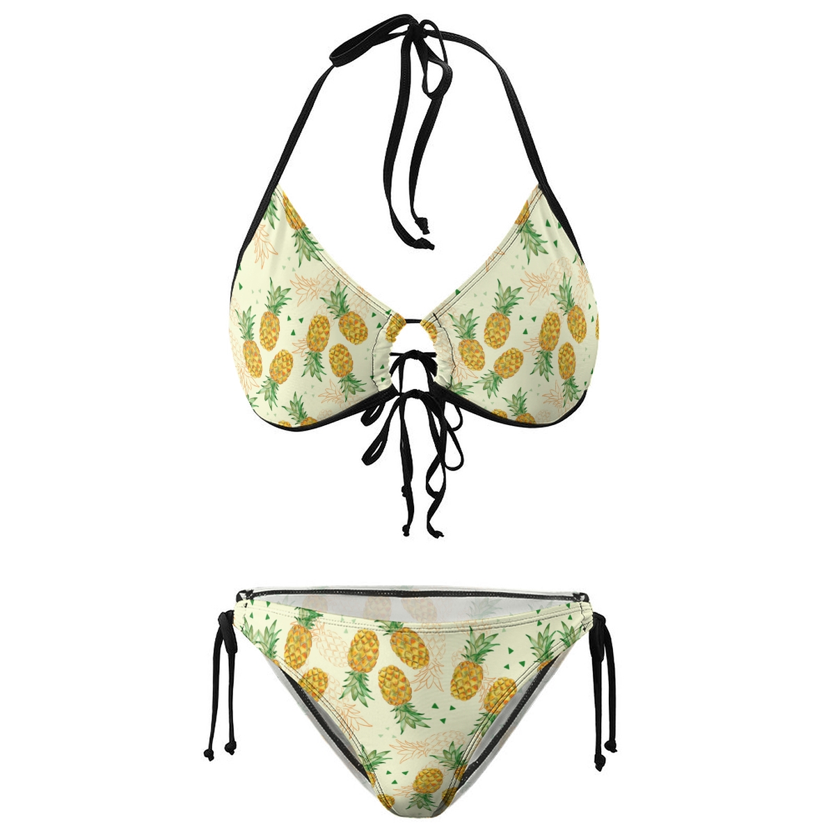 Women’s Pineapple Print Bikini Set with Halter Ring Top and Side Tie Bottoms