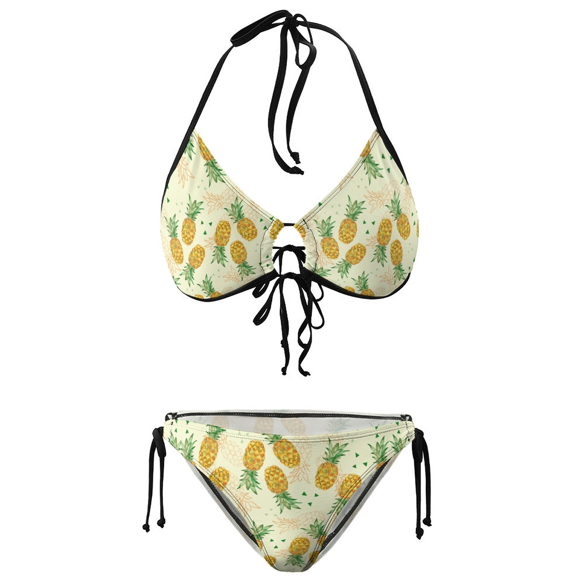 Women’s Pineapple Print Bikini Set with Halter Ring Top and Side Tie Bottoms