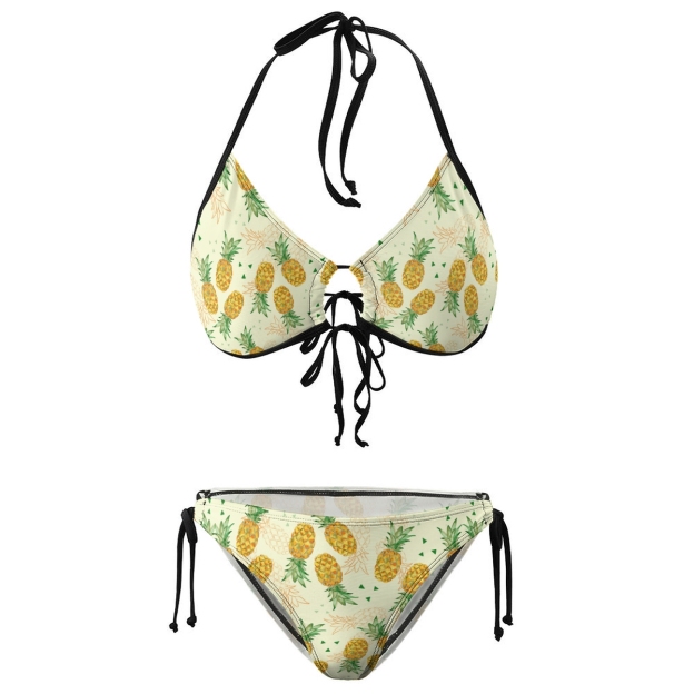 Women’s Pineapple Print Bikini Set with Halter Ring Top and Side Tie Bottoms