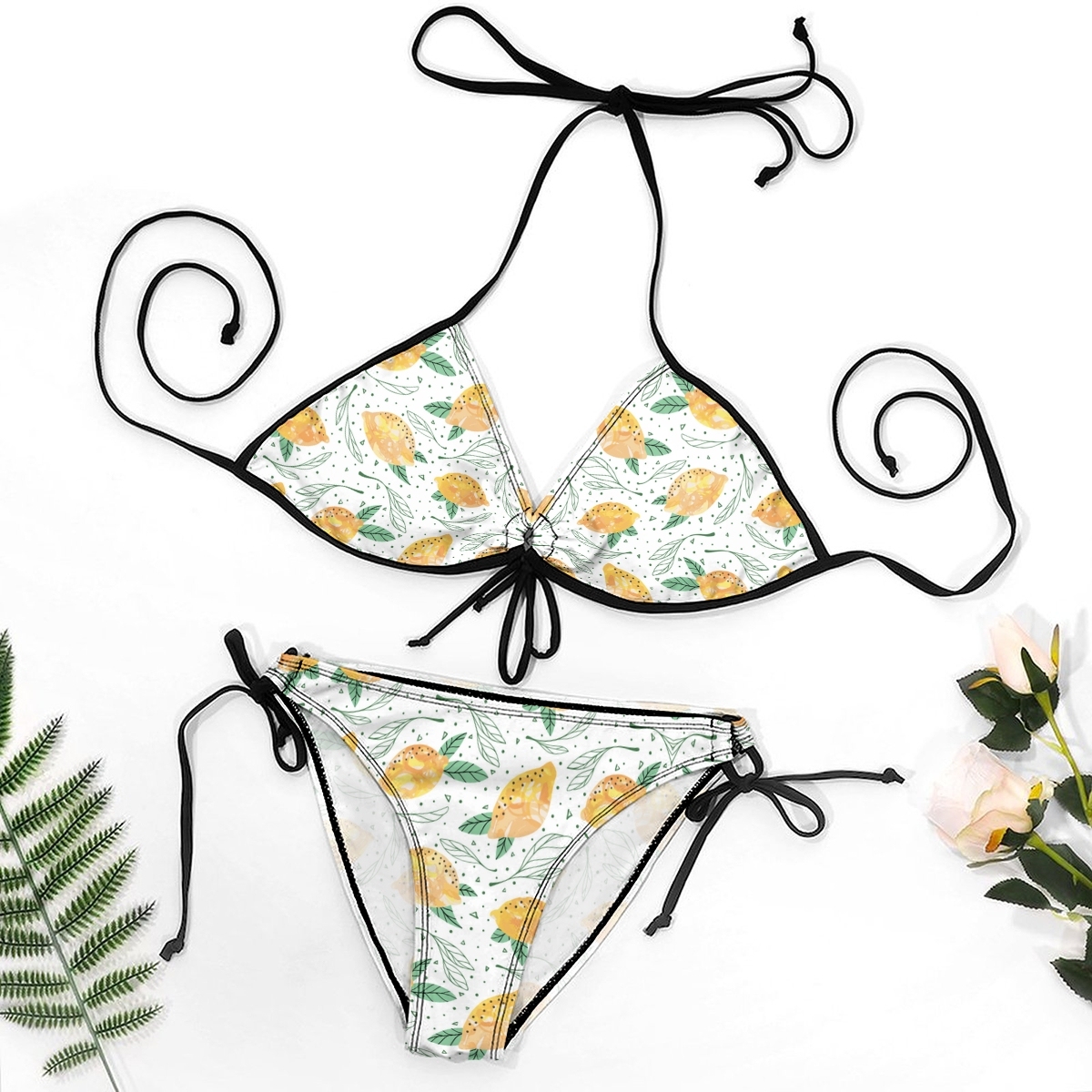 Two-Piece Swimsuit with Citrus Print, Bow Detail and Adjustable Closures